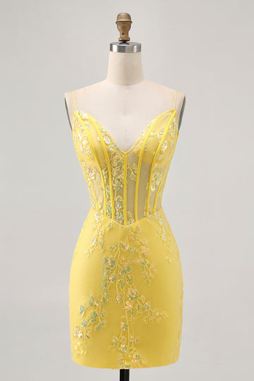 Floral Yellow Corset Tight Short Homecoming Dress with Sequins